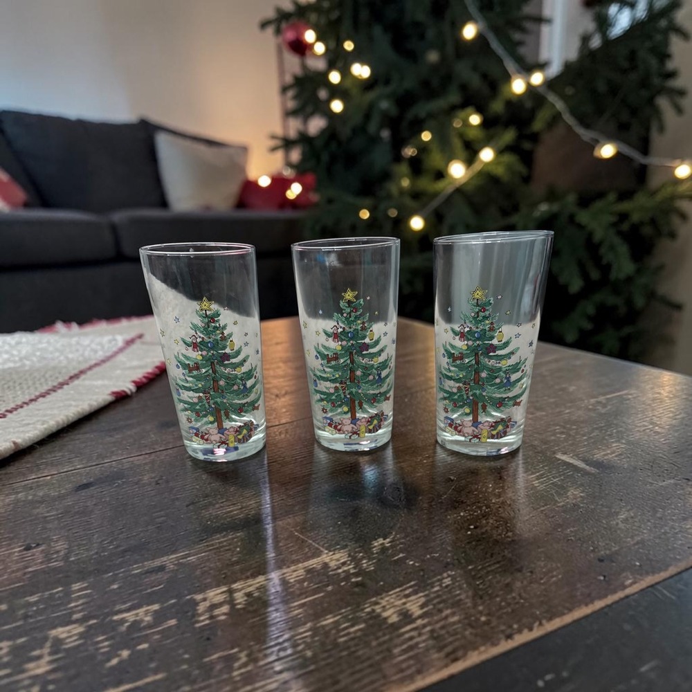 Vintage Style Christmas Tree Highball Tumbler Glasses Set of 3 Clear 6.25"